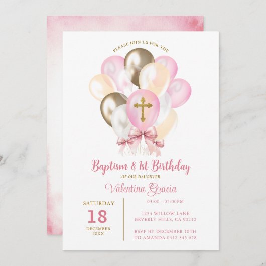 Roze Gouden Ballon Meisje Doop Verjaardag Boog str Kaart (Voorkant / Achterkant)