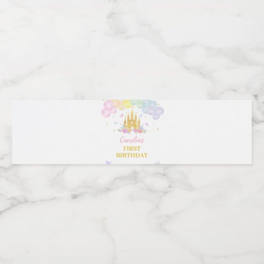 Roze Gouden Ballon Prinses Verjaardag Water Bot Waterfles Etiket (Enkel label)