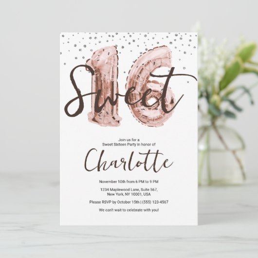 Roze Gouden Ballon Zilver Glitter Sweet 16 Feestje Kaart (Staand voorkant)