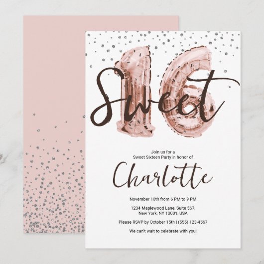 Roze Gouden Ballon Zilver Glitter Sweet 16 Feestje Kaart (Voorkant / Achterkant)