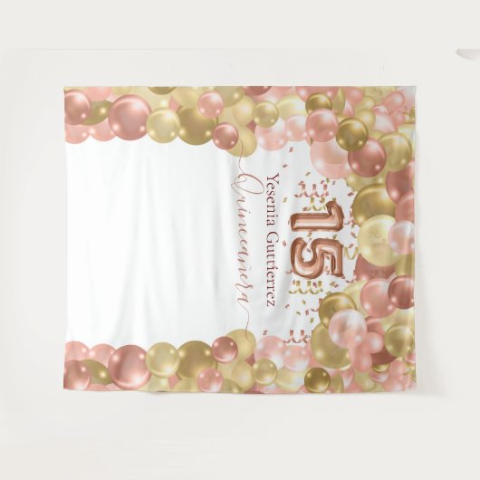 Roze Gouden Ballonboog Quinceanera Wandkleed (Voorkant (horizontaal))