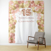 Roze Gouden Ballonboog Quinceanera Wandkleed (In situ)