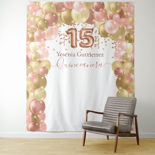 Roze Gouden Ballonboog Quinceanera Wandkleed (In situ)
