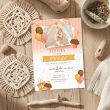 Roze gouden ballonnen 1e verjaardag foto uitnodigi