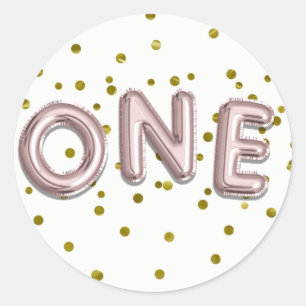 Roze Gouden Ballonnen Confetti EEN 1e Verjaardagsf Ronde Sticker