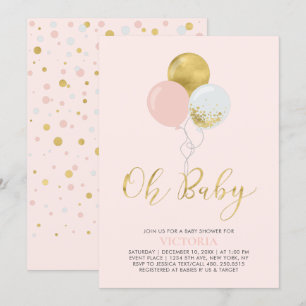 Roze & Gouden Ballonnen Oh Baby Girl Baby Shower Kaart