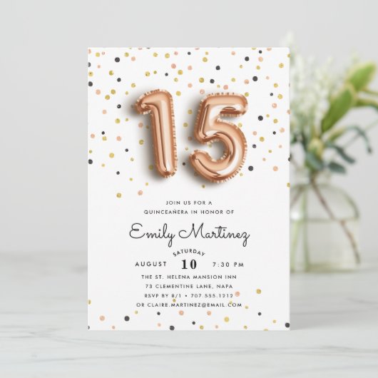 Roze Gouden Ballonnen | Quinceanera Uitnodiging (Staand voorkant)