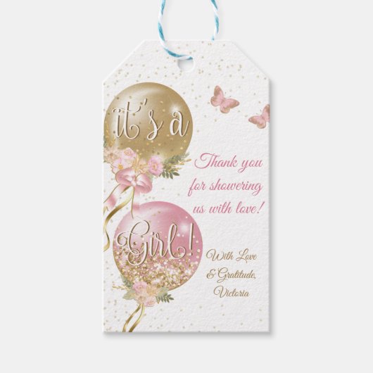Roze gouden ballonnen vlinder Baby shower Cadeaulabel (Voorkant)