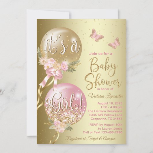 Roze gouden ballonnen vlinder Baby shower Kaart (Voorkant)