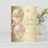 Roze gouden ballonnen vlinder Baby shower Kaart (Staand voorkant)