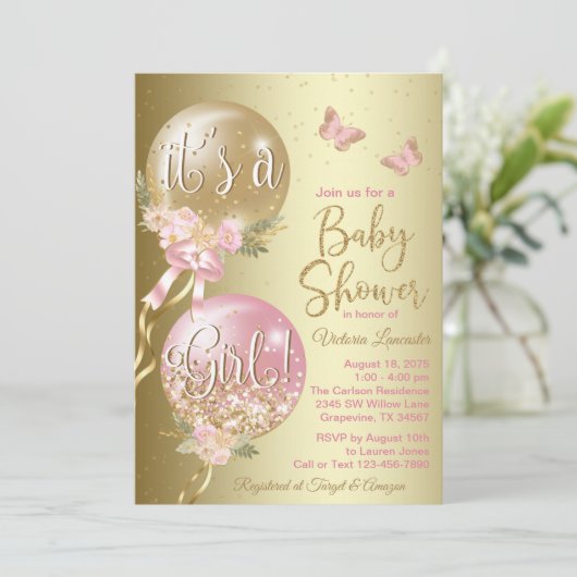 Roze gouden ballonnen vlinder Baby shower Kaart (Staand voorkant)