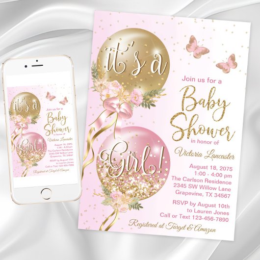 Roze gouden ballonnen vlinder Baby shower Kaart
