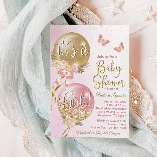 Roze gouden ballonnen vlinder Baby shower Kaart