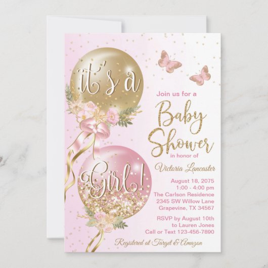 Roze gouden ballonnen vlinder Baby shower Kaart (Voorkant)