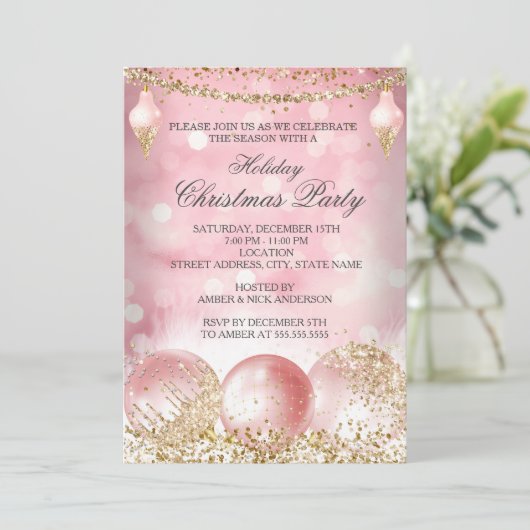  roze gouden Bauble kerstfeest Kaart (Staand voorkant)