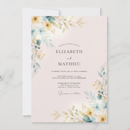 Roze Gouden Blad Bruiloft Kaart (Voorkant)