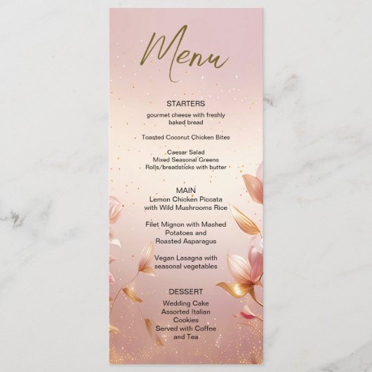 Roze Gouden Bladeren Bloemen Bruiloft Menu (Voorkant)