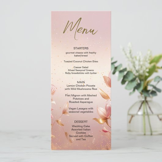 Roze Gouden Bladeren Bloemen Bruiloft Menu (Staand voorkant)