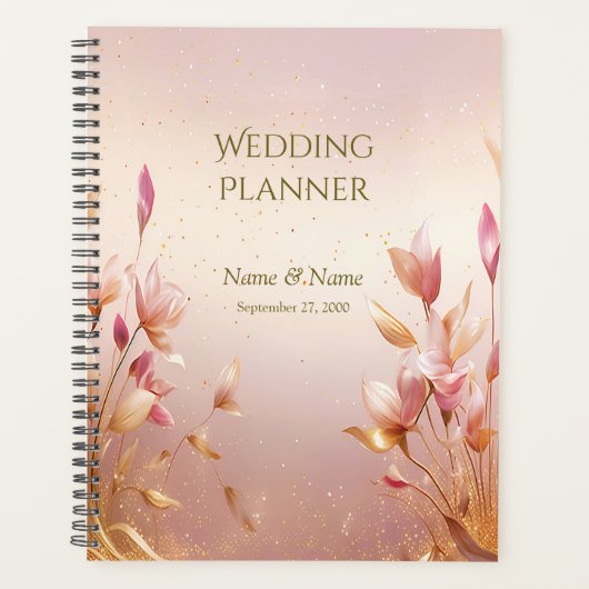 Roze Gouden Bladeren Bloemen Bruiloft Planner (Voorkant)