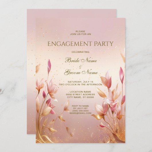 Roze Gouden Bladeren Bloemen Bruiloft Uitnodiging (Voorkant / Achterkant)