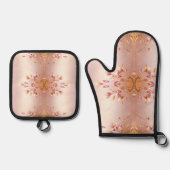 Roze Gouden Bladeren Bloemen Ovenwant & Pannenlap Set (Voorkant)