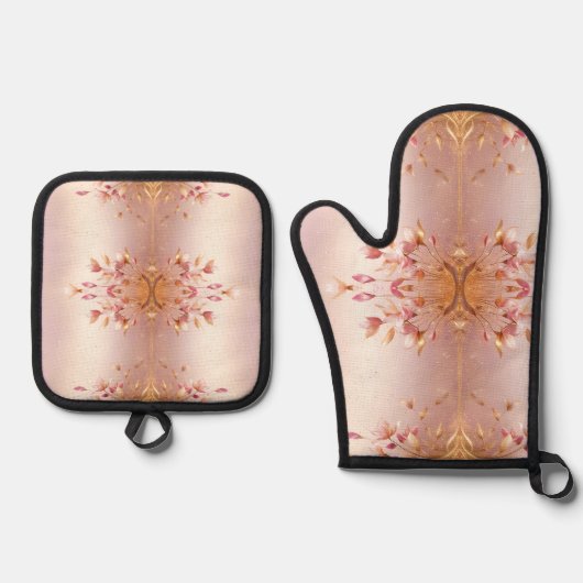 Roze Gouden Bladeren Bloemen Ovenwant & Pannenlap Set (Voorkant)
