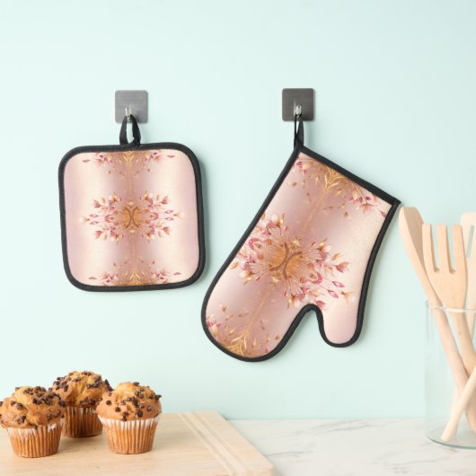 Roze Gouden Bladeren Bloemen Ovenwant & Pannenlap Set (Insitu(Ophanging))