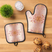 Roze Gouden Bladeren Bloemen Ovenwant & Pannenlap Set (Top down)
