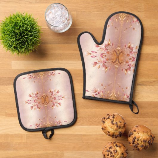 Roze Gouden Bladeren Bloemen Ovenwant & Pannenlap Set (Top down)