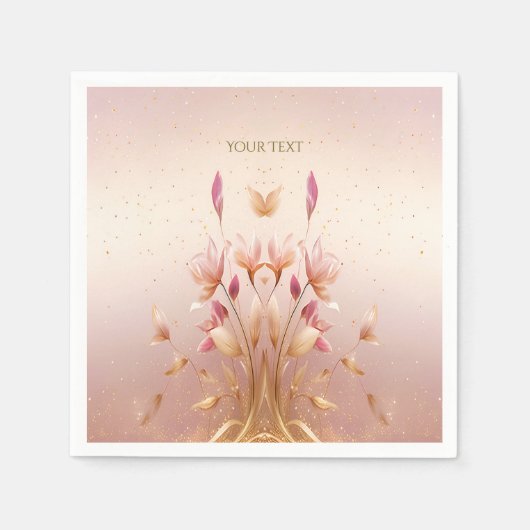 Roze Gouden Bladeren Bloemen Servetten (Voorkant)