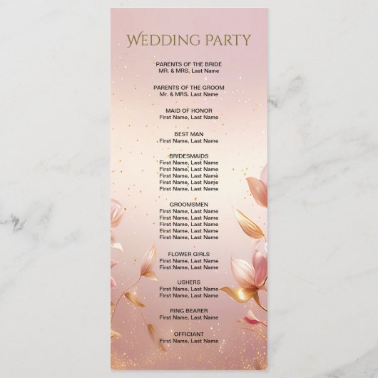 Roze Gouden Bladeren Bloemen Trouwprogramma Programmakaart (Achterkant)