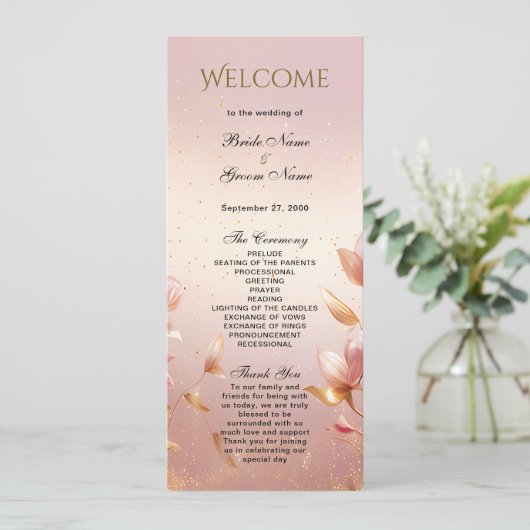 Roze Gouden Bladeren Bloemen Trouwprogramma Programmakaart (Staand voorkant)