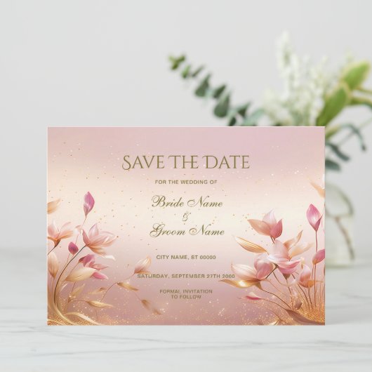 Roze gouden bladeren bloemenbewaar de datum save the date (Staand voorkant)