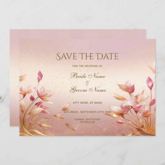 Roze gouden bladeren bloemenbewaar de datum save the date (Voorkant / Achterkant)