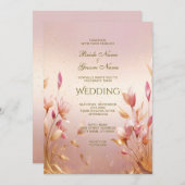 Roze gouden bladeren bloemenbruiloft uitnodiging (Voorkant / Achterkant)