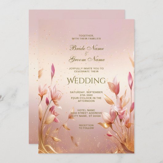 Roze gouden bladeren bloemenbruiloft uitnodiging (Voorkant / Achterkant)
