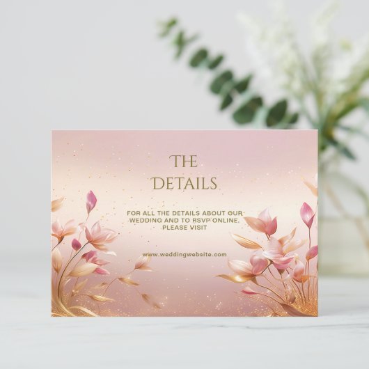 Roze gouden bladeren bloemendetail informatiekaartje (Staand voorkant)