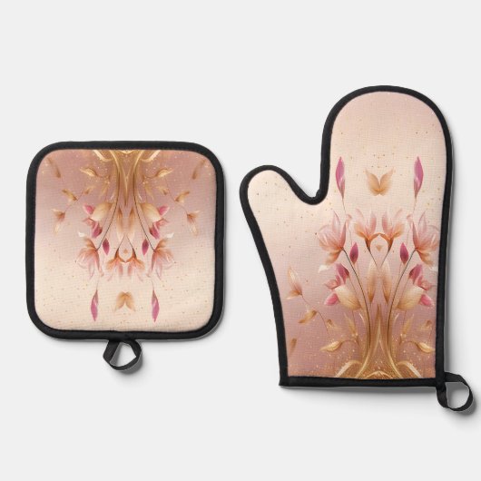 Roze Gouden Bladeren Bloemenoven Mitt & Pot Houder Ovenwant & Pannenlap Set (Voorkant)