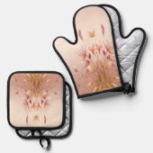 Roze Gouden Bladeren Bloemenoven Mitt & Pot Houder Ovenwant & Pannenlap Set (Voorkant / Achterkant)