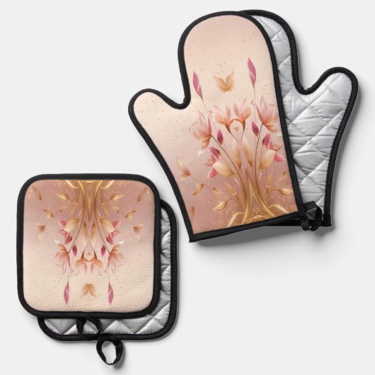 Roze Gouden Bladeren Bloemenoven Mitt & Pot Houder Ovenwant & Pannenlap Set (Voorkant / Achterkant)