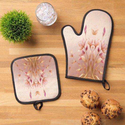 Roze Gouden Bladeren Bloemenoven Mitt & Pot Houder Ovenwant & Pannenlap Set (Top down)