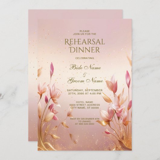 Roze gouden bladeren bloemenrepetitie diner kaart (Voorkant / Achterkant)