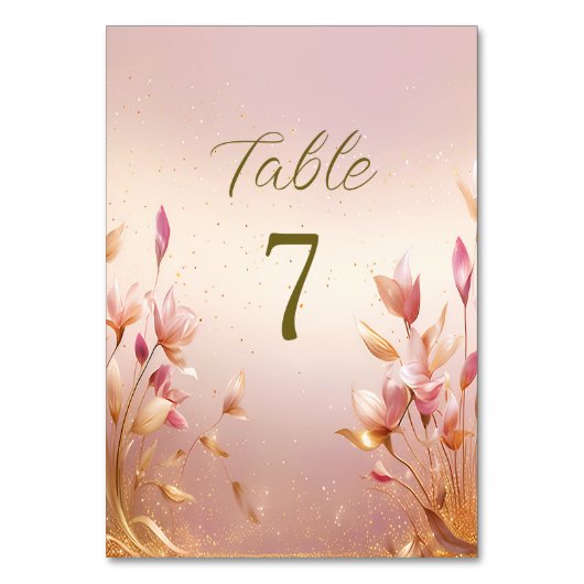 Roze gouden bladeren bloementafel nummer kaart (Voorkant)