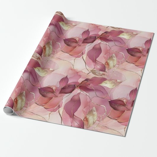 Roze Gouden Bladeren Bruidsfeest Cadeaupapier (Uitgerold)