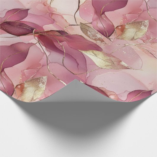 Roze Gouden Bladeren Bruidsfeest Cadeaupapier (Hoek)