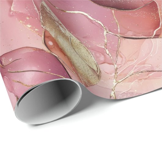 Roze Gouden Bladeren Bruidsfeest Cadeaupapier (Rol Hoek)