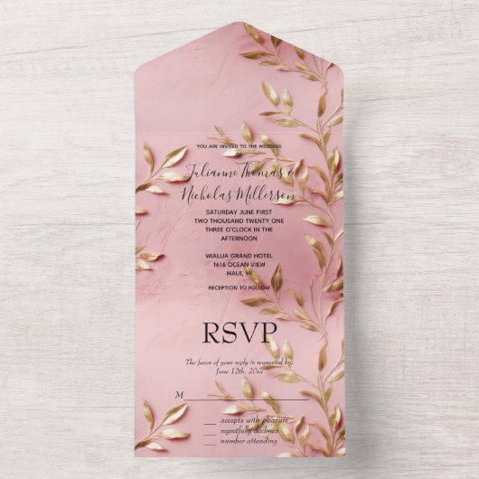 Roze gouden bladeren bruiloft all in one uitnodiging (Binnen)