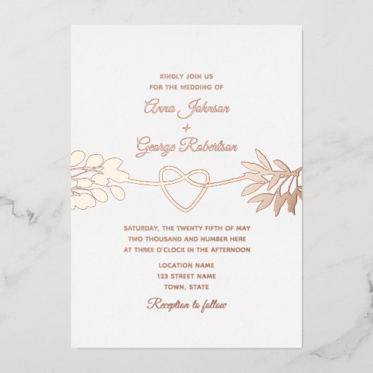 Roze Gouden Bladerhuwelijk Folie Uitnodiging (Voorkant)