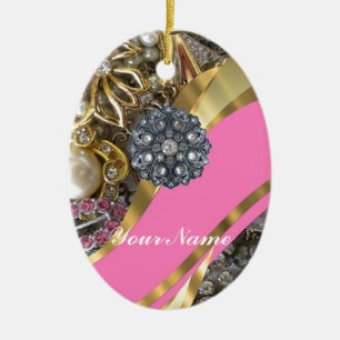 Roze & gouden bling keramisch ornament