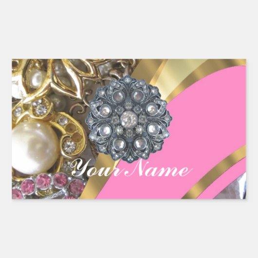 Roze & gouden bling rechthoekige sticker (Voorkant)